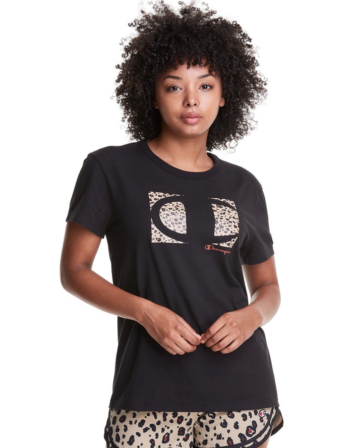 Camiseta Champion Mujer - Boyfriend Leopard Colorblock Logo ( Negras ) 2319760-LZ